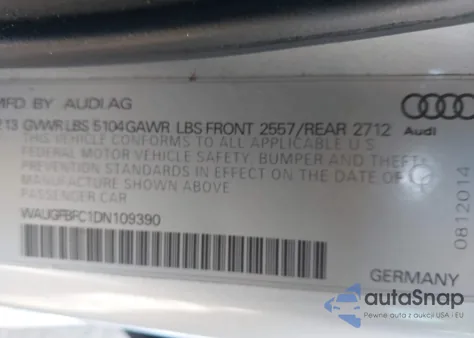 2013 Audi A6 2.0T Premium z USA, uszkodzony, nr VIN WAUGFBFC1DN109390